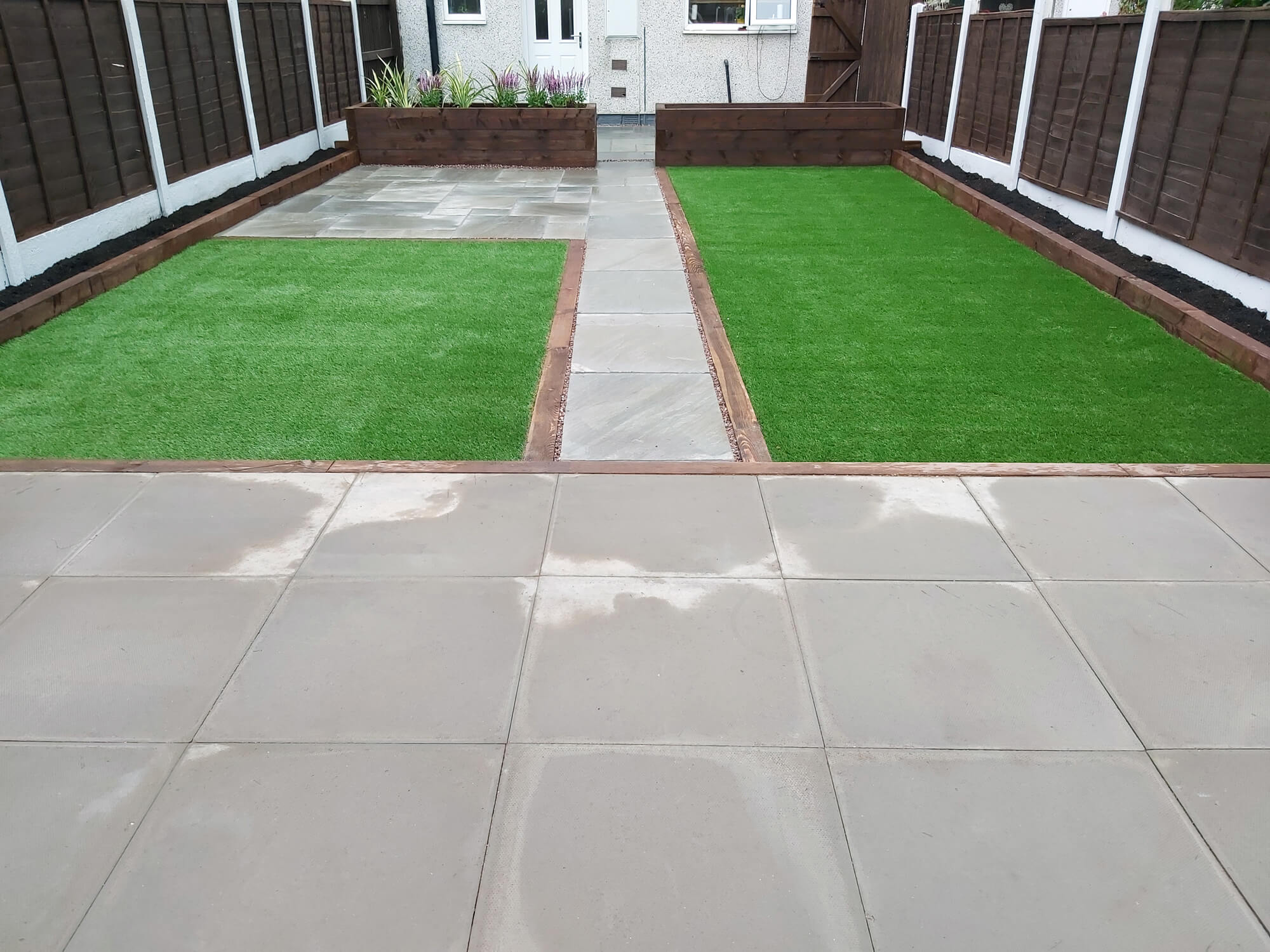 Artificial Grass installation with Patio and raised borders in Coventry 