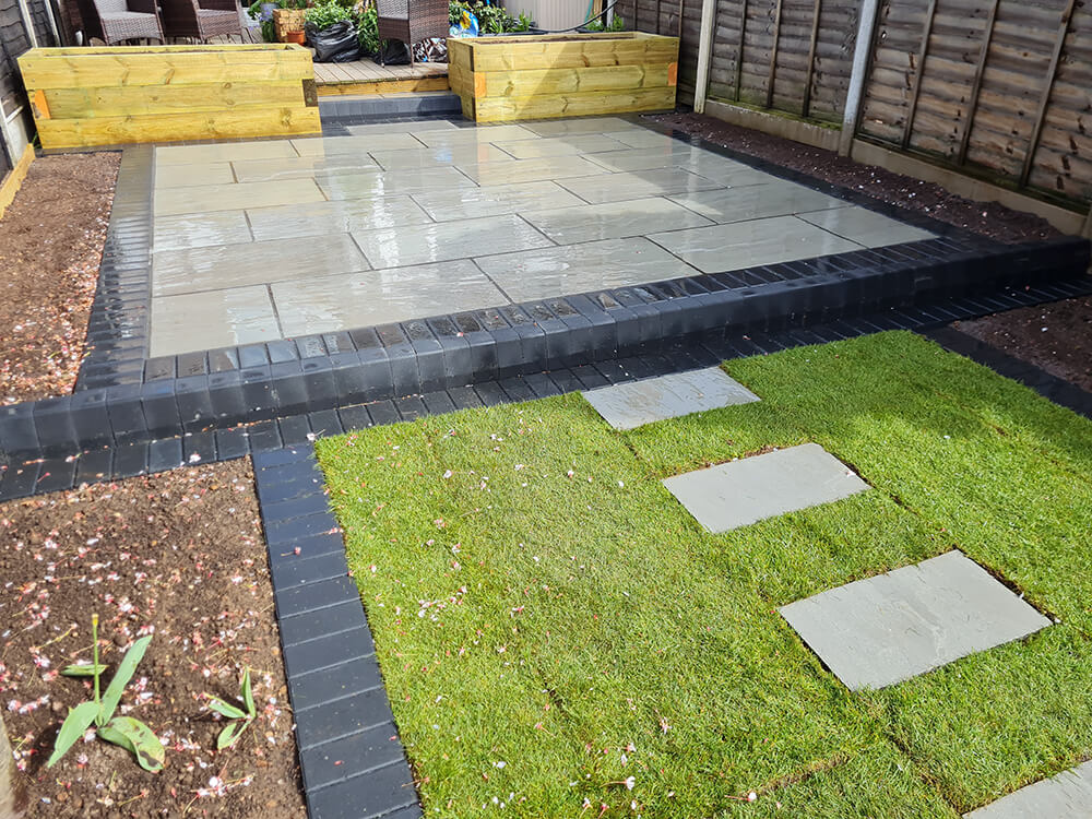Case Study landscape garden transformation Coventry raised platers, timber sleepers after